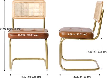 CangLong Natural Rattan Dining Chairs Set of 2, Upholstered Faux Leather Kitchen Chairs, Modern Dining Room Chairs with Solid Wood Back & Sturdy Metal Legs for Living Room, Restaurant, Brown