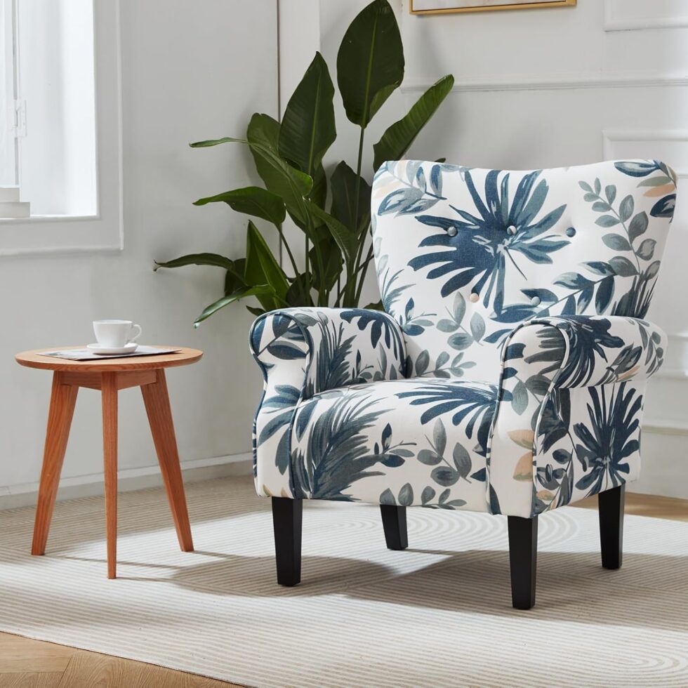 MELLCOM Mid Century Wingback Arm Chair,Modern Upholstered Fabric High Back Accent Chair with Wood Legs,Upholstered Single Sofa Club Chair for Living Room, Bedroom, Home Office, Blue Leaves