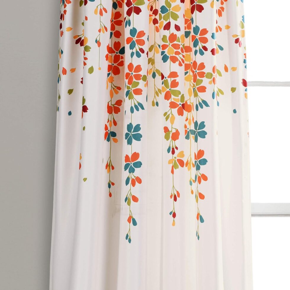 Lush Decor Weeping Flower Light Filtering Window Curtain Panels, Pair, 52"W x 84"L + 2" Header, Turquoise & Tangerine - Charming Modern Floral Curtains for Living Room, Dining Room, & Bedroom