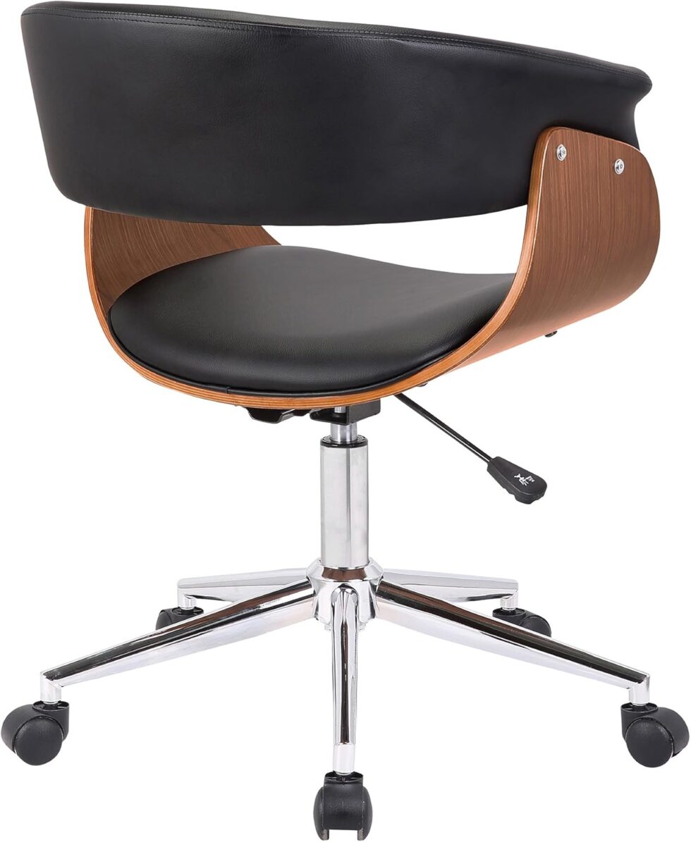 Armen Living Bellevue Mid-Century Office Chair in Chrome Finish with Black Faux Leather and Walnut Veneer