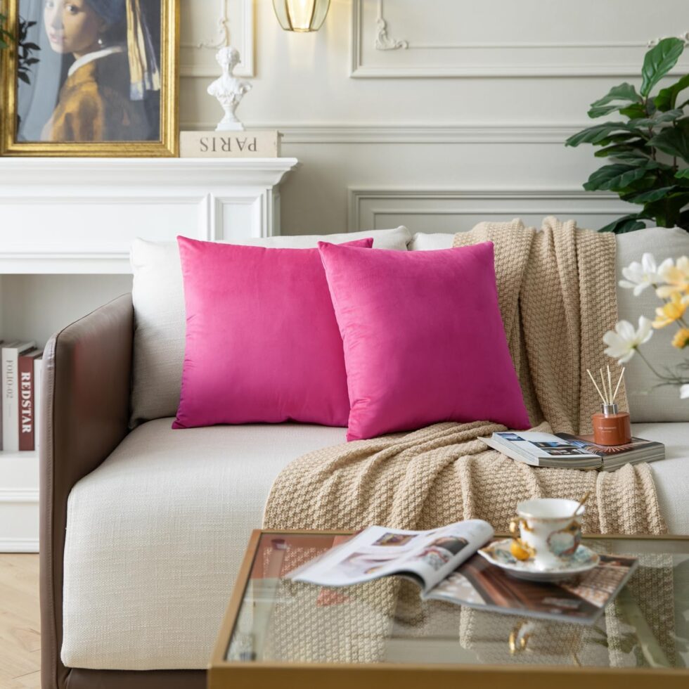 Set of 2 Hot Pink Colored Solid Velvet Throw Pillow Covers, Cozy Soft Accent Pillow Cases for Sofa Couch Bed and Living Room - 18"x18"
