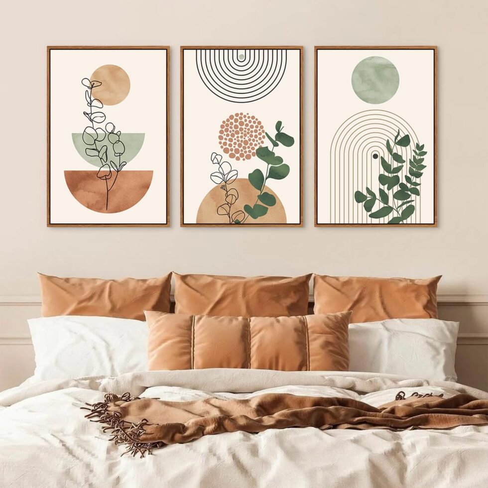 Ausril Boho Terracotta Green Framed Canvas Wall Art Set, Abstract Plant Wall Decor, Mid Century Modern Geometric Wall Painting, Neutral Abstract Art Print to Living Room, Bedroom, Office 36"x24"x3