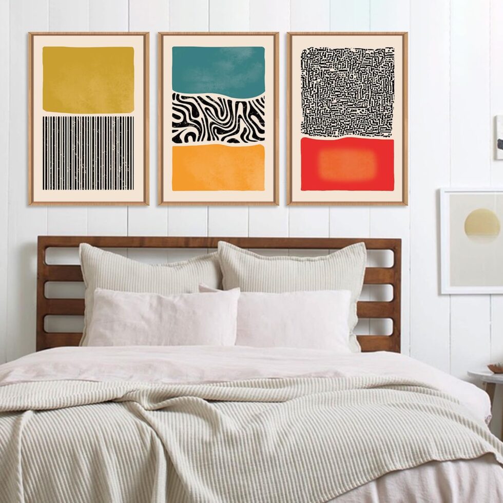 HLNIUC Boho Framed Canvas Wall Art Set, Mid Century Modern Wall Decor, Abstract Bohemian Color Block Painting, Neutral Art Print for Living Room, Bedroom, Dinning Room, Office, Bathroom - 16"x24"x3