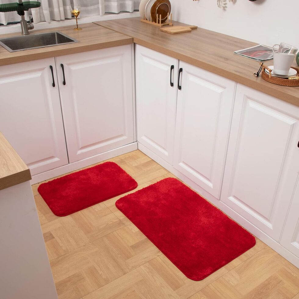 Microfiber Bathroom Rugs and Mats Sets 2 Piece,Non-Slip Bath Rugs, Machine Washable Absorbent Bath Mats for Bathroom Floor, Shower (Red, 16''x24'' Plus 20''x32'')