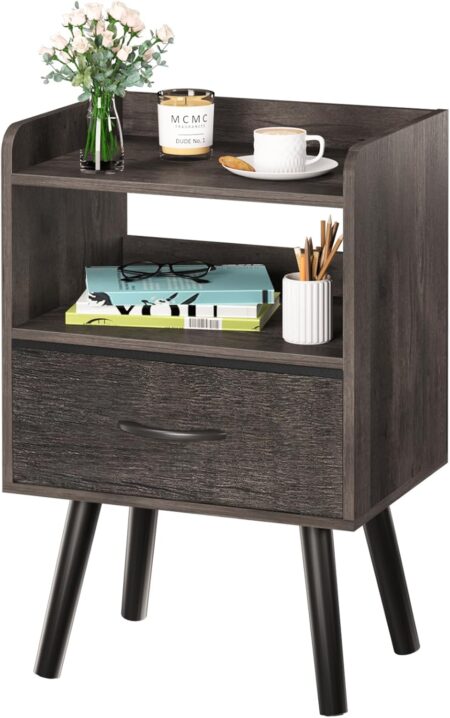 Yoobure Night Stand with Fabric Drawer, Modern Nightstand, Bedside Tables, Mid Century Nightstands with Open Storage Shelf, Wood Bedside Table, Small Night Stands for Bedrooms, 2-Tier Night Table