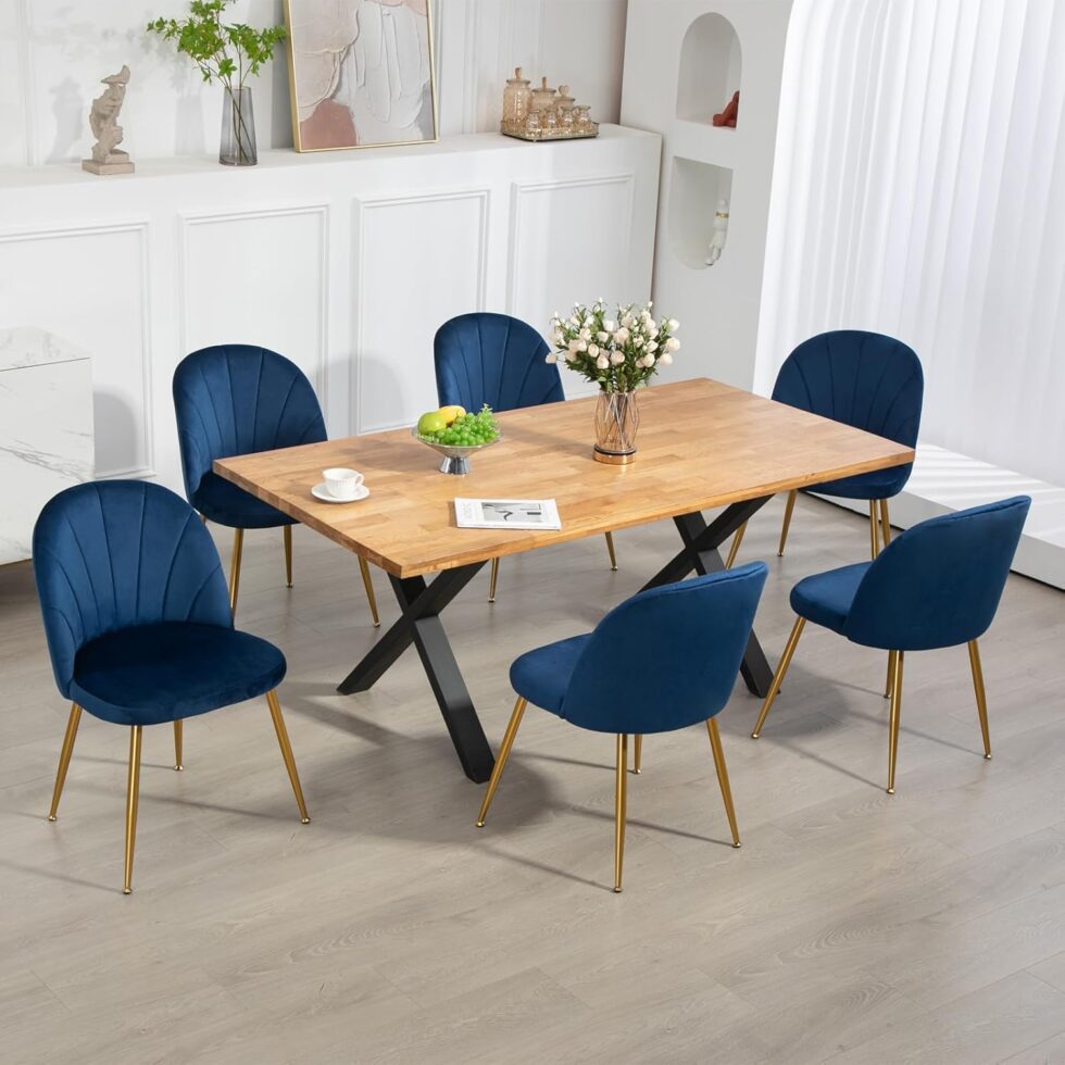 Velvet Dining Chairs Set of 4, Upholstered Mid Century Modern Dining Chairs, Armless Accent Chair with Metal Gold Legs for Living Room, Kitchen, Dining Room, Blue
