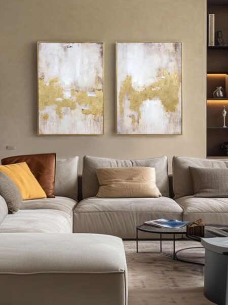 2 Piece Gold and Neutral Abstract Wall Art – Modern Textured Canvas Prints with Hand-Applied Brush Strokes, Framed Artwork for Living Room, Bedroom, or Office, 20 x 28 Inches