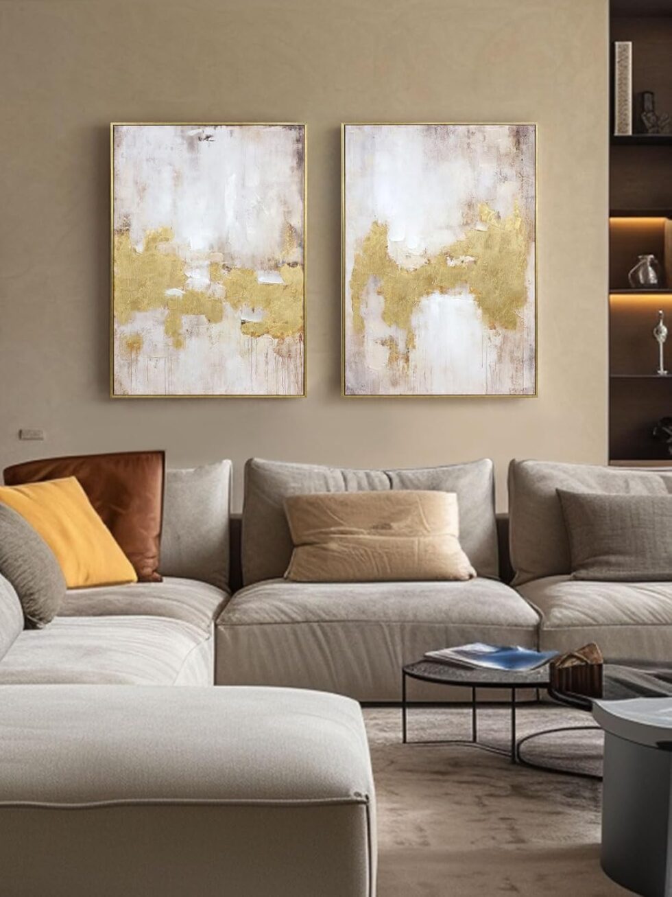 2 Piece Gold and Neutral Abstract Wall Art – Modern Textured Canvas Prints with Hand-Applied Brush Strokes, Framed Artwork for Living Room, Bedroom, or Office, 20 x 28 Inches
