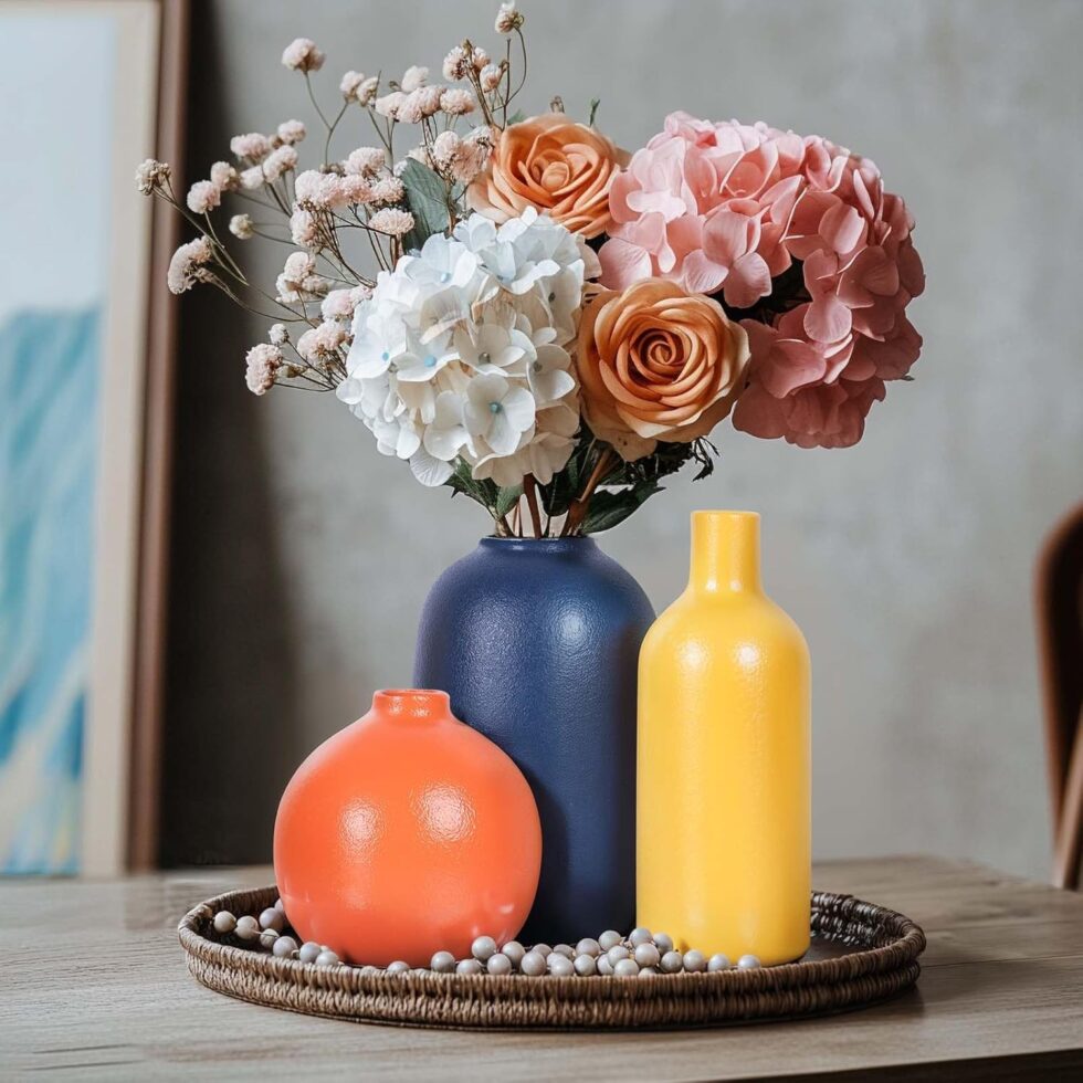 Colorful Ceramic Vase Set, Small Burnt Orange Blue Yellow Vases Home Decor,Fall Décor Modern Farmhouse Vases for Home Decor, Organic Decor Accents for Living Room, Table, Shelf, Entryway, Set of 3