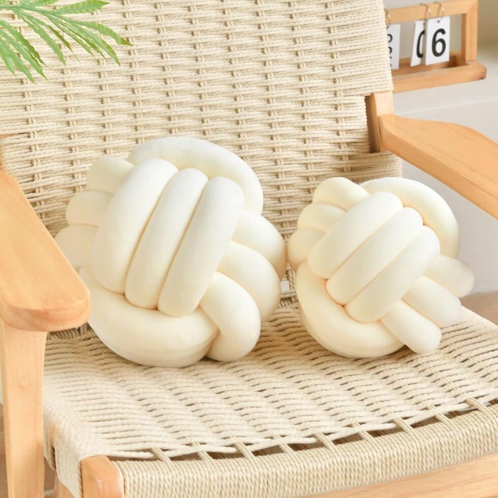 Decorative Throw Knot Pillow Ball for Home Chair Sofa Aesthetic Round Velvet Knotted Pillow Cushion (White, 8 inches)