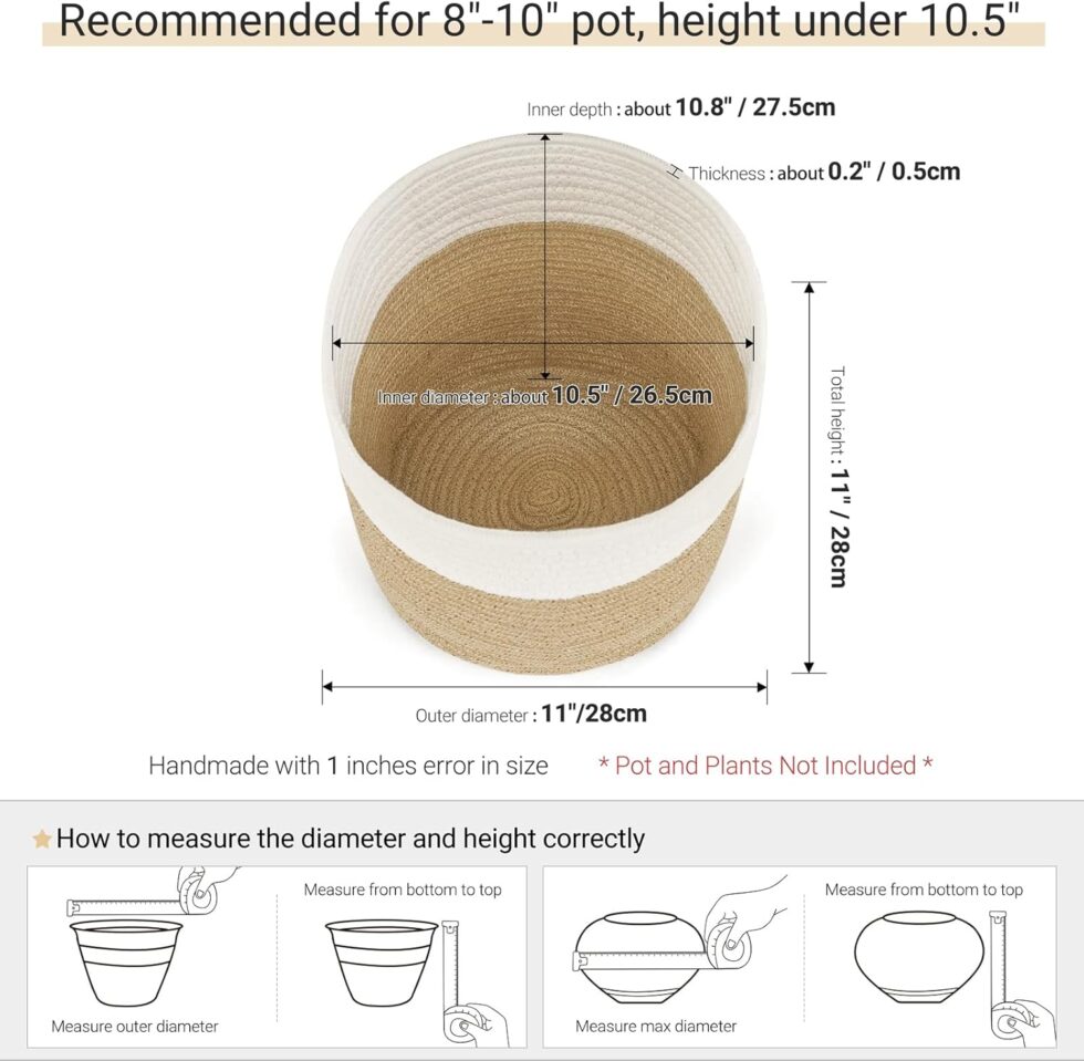 Dahey Jute Spliced Cotton Rope Plant Basket Modern Woven Storage Basket for 10" Floor Indoor Planter, Decorative Flower Pots Cover Laundry Bin with Handle Rustic Home Decor, White and Beige