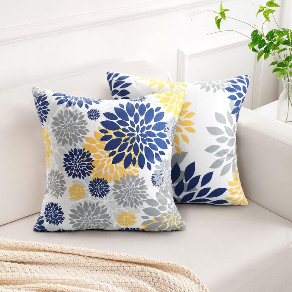 18x18 Throw Pillow Cover Blue and Yellow Decorative Velvet Pillow Cover Set of 4 Grey Flower Pillowcase for Bedroom Sofa Cushion