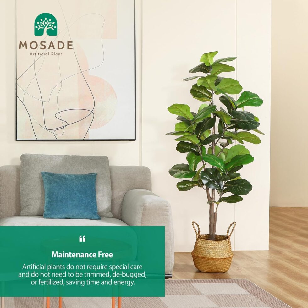 MOSADE Artificial Fiddle Leaf Fig Tree 65Inch Fake Potted Ficus Lyrata Plant with Handmade Seagrass Basket, Perfect Faux Plants Home Décor for Indoor Outdoor Office Porch Balcony Bedroom Bathroom Gift