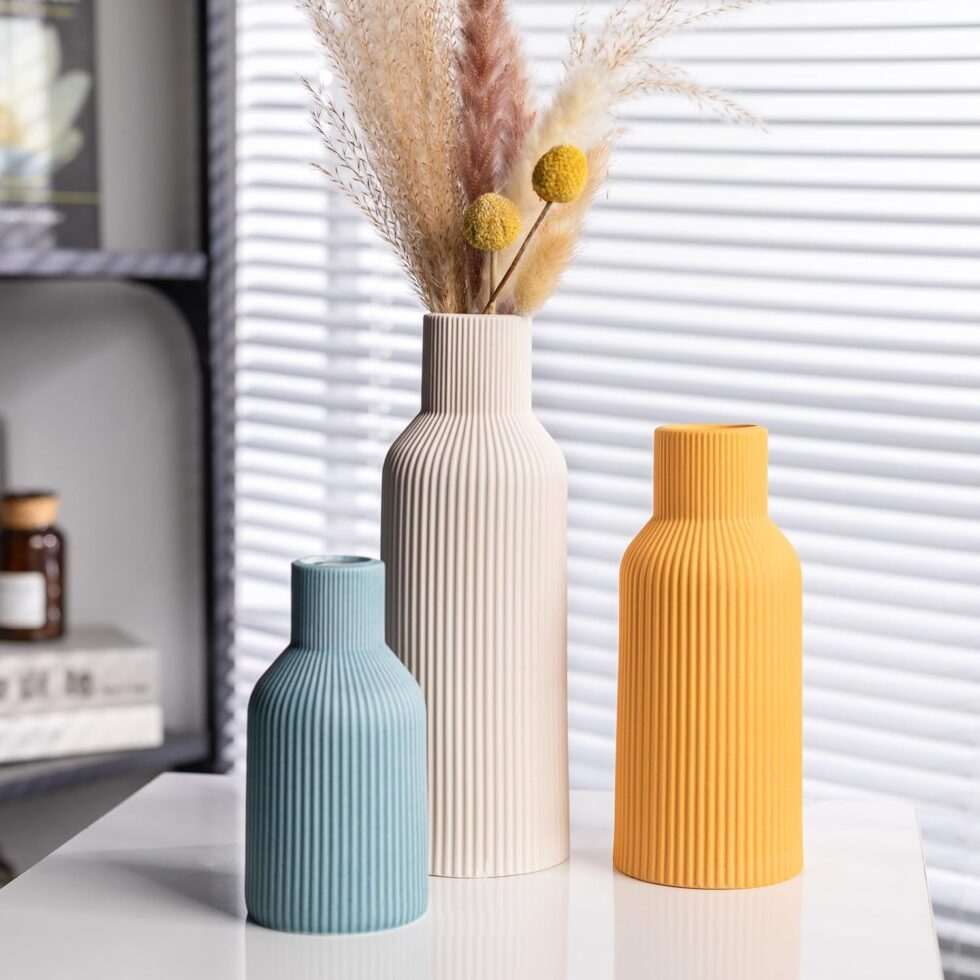 Colorful Ceramic Vases Set of 3, Colorful Ribbed Decorative Vases - Table Centerpieces for Wedding, Living Room, Office & Shelf Decor