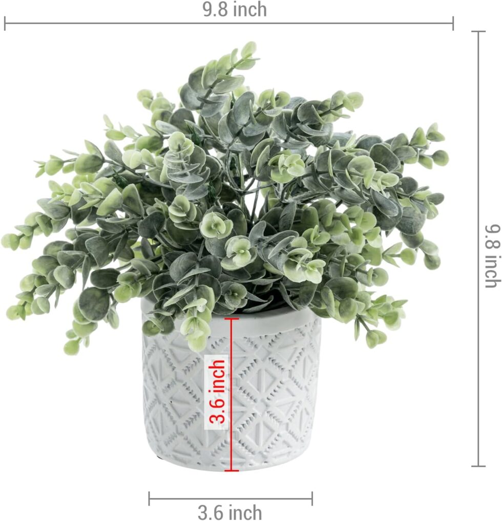 MyGift Artificial Eucalyptus Plant in Modern Gray Concrete Pots with Geometric Embossed Pattern (1, White)