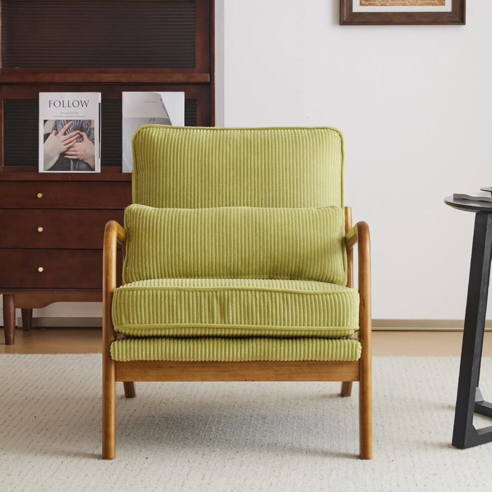 Karl home Mid-Century Modern Accent Chair, Living Room Chairs with Pillow Corduroy Upholstered Lounge Armchair with Solid Wood Frame & Soft Cushion for Bedroom, Reading Room, Green