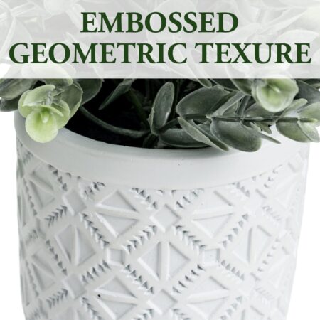 MyGift Artificial Eucalyptus Plant in Modern Gray Concrete Pots with Geometric Embossed Pattern (1, White)