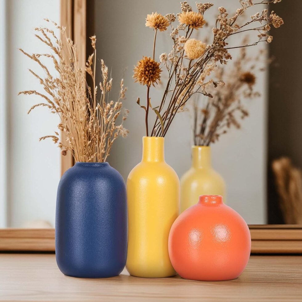 Colorful Ceramic Vase Set, Small Burnt Orange Blue Yellow Vases Home Decor,Fall Décor Modern Farmhouse Vases for Home Decor, Organic Decor Accents for Living Room, Table, Shelf, Entryway, Set of 3