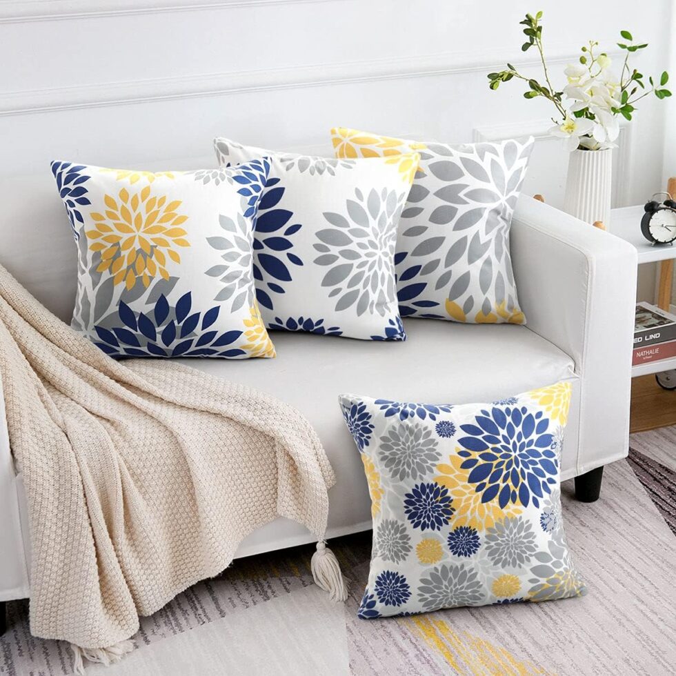 18x18 Throw Pillow Cover Blue and Yellow Decorative Velvet Pillow Cover Set of 4 Grey Flower Pillowcase for Bedroom Sofa Cushion
