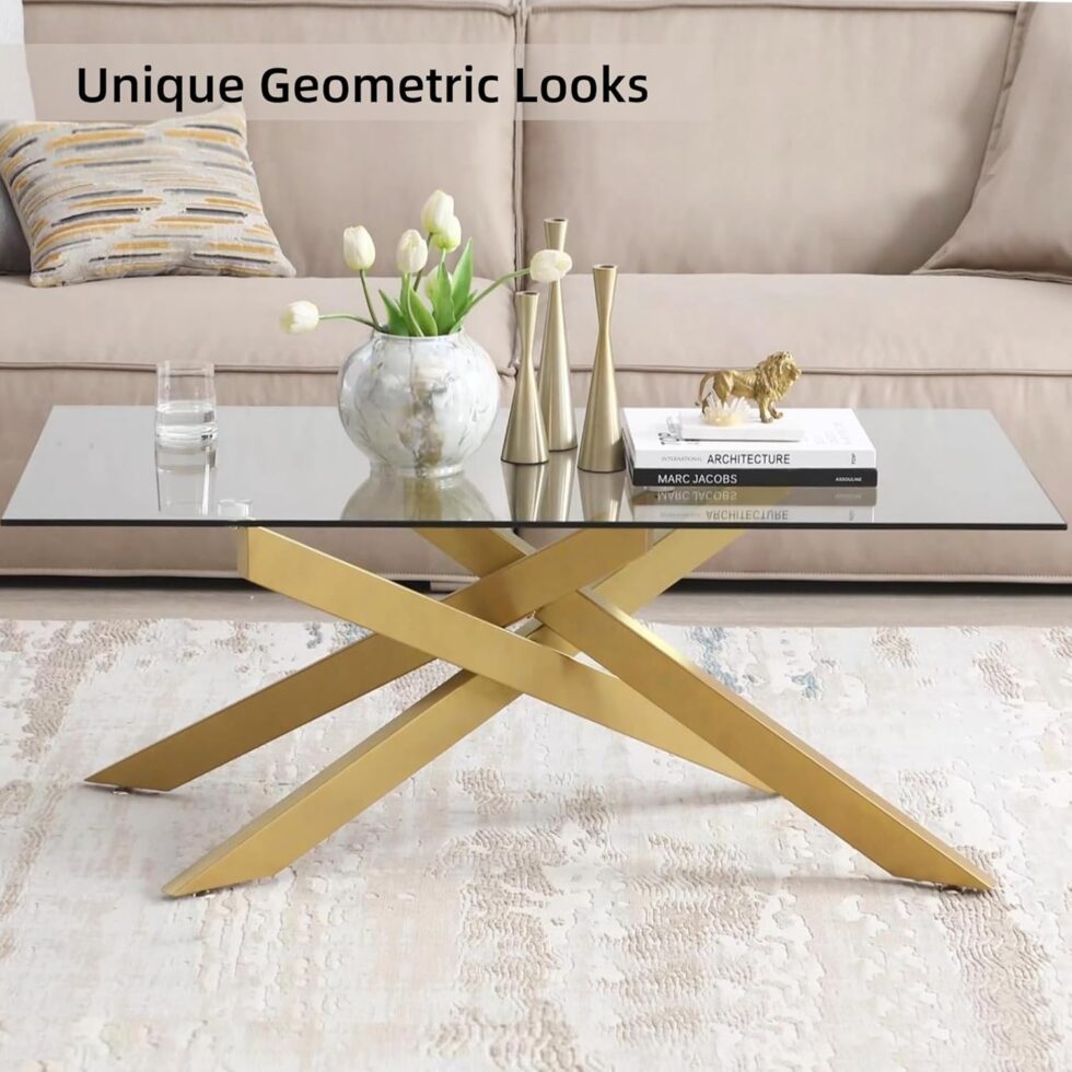 Rectangle Modern Coffee Table, Tempered Glass Top and Metal Tubular Leg, 47.3”Lx23.6”Wx18.1”H, Gold