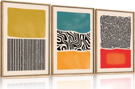 HLNIUC Boho Framed Canvas Wall Art Set, Mid Century Modern Wall Decor, Abstract Bohemian Color Block Painting, Neutral Art Print for Living Room, Bedroom, Dinning Room, Office, Bathroom - 16"x24"x3