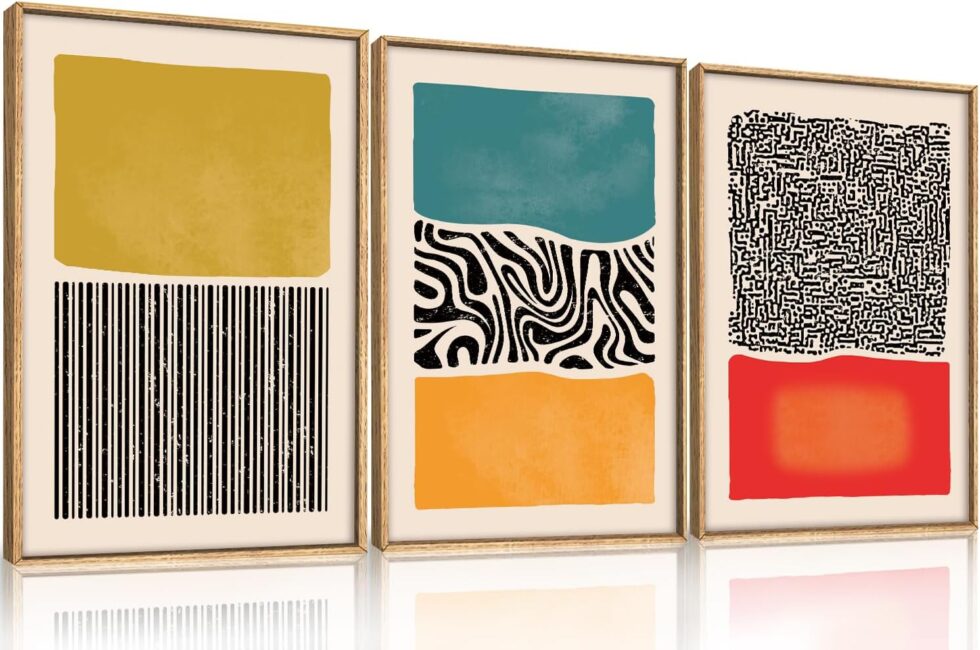 HLNIUC Boho Framed Canvas Wall Art Set, Mid Century Modern Wall Decor, Abstract Bohemian Color Block Painting, Neutral Art Print for Living Room, Bedroom, Dinning Room, Office, Bathroom - 16"x24"x3