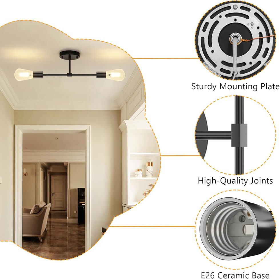 FadimiKoo 2-Light Black Bathroom Lighting Over Mirror, Modern Sconces Wall Light Fixtures, Indoor Semi Flush Mount Ceiling Light for Hallway Bedroom Kitchen (1 Pack)