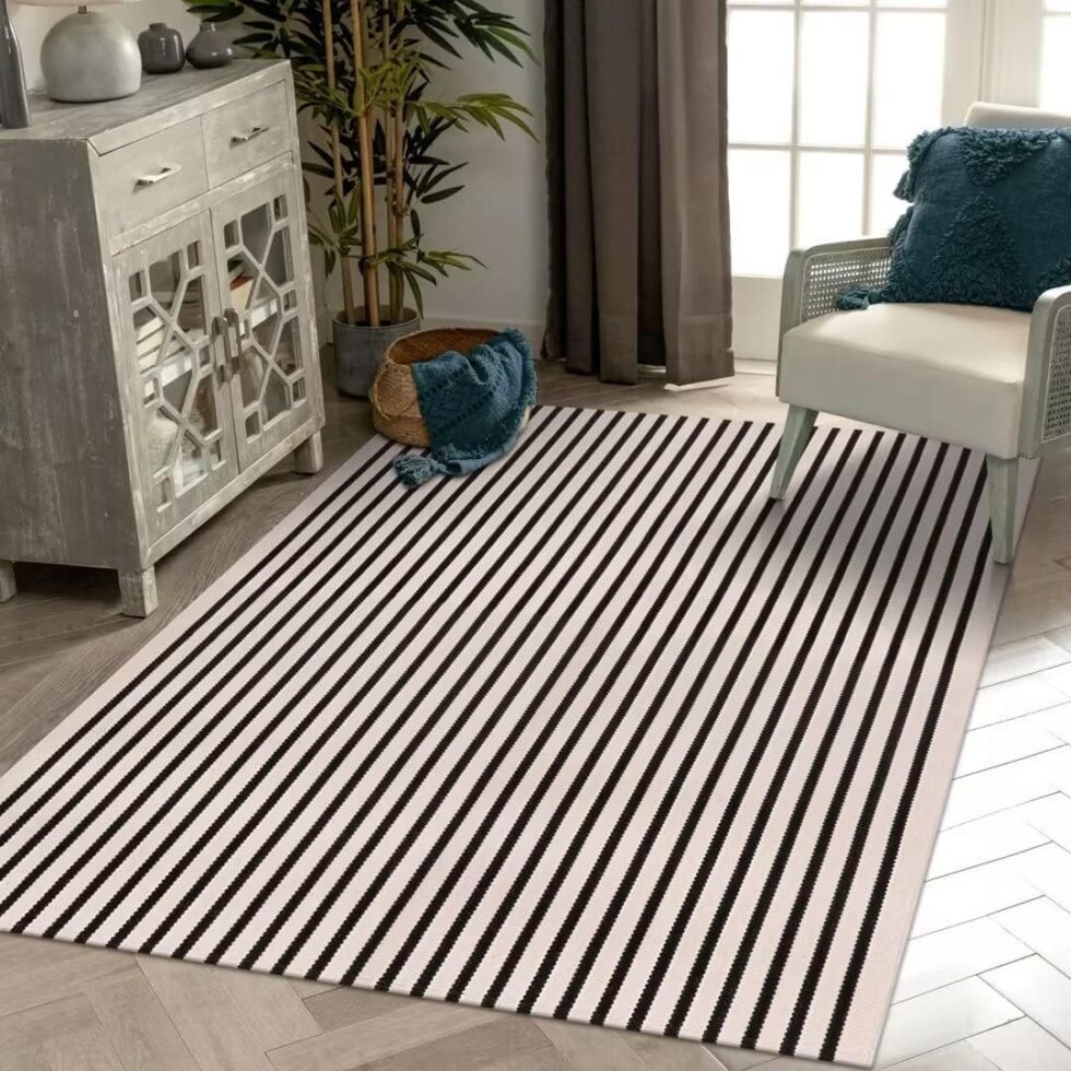 LEEVAN Washable Area Rug - 5'x8' Living Room & Bedroom Rug - Black & White Striped for Kitchen, Dining Room, Playroom, Mudroom, Entryway