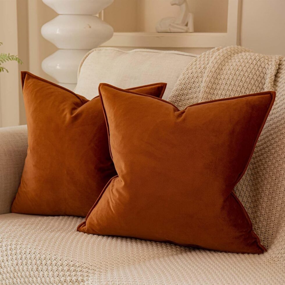 JUSPURBET Burnt Orange Decorative Velvet Throw Pillow Covers 18x18 inch Set of 2,Broadside Soft Cushion Case with Invisible Zipper for Sofa Couch Bed