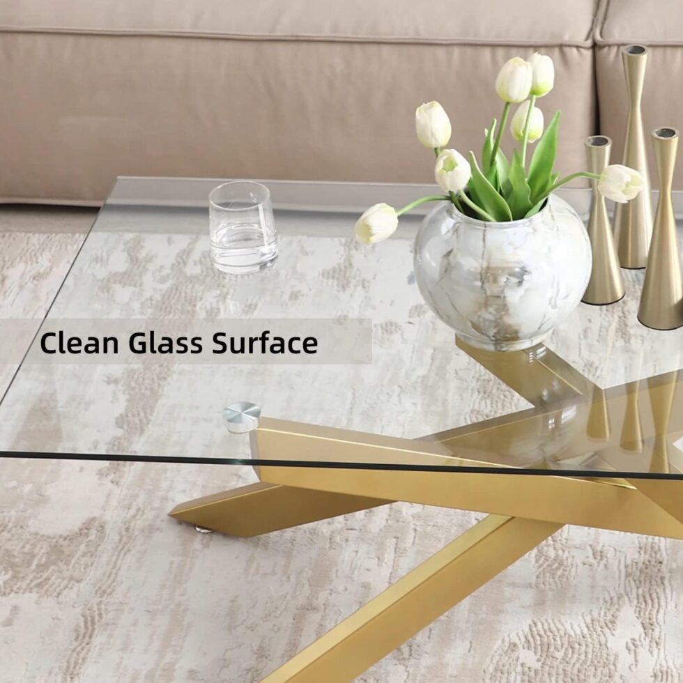 Rectangle Modern Coffee Table, Tempered Glass Top and Metal Tubular Leg, 47.3”Lx23.6”Wx18.1”H, Gold