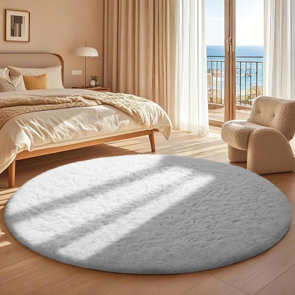 Ophanie Round Rug 5Ft White Circle Area Rug, Aesthetic Room Decor, Fluffy Fuzzy Bedroom Carpet, Plush Soft Shaggy Living Room Rugs for Kids Home Decor, Nursery