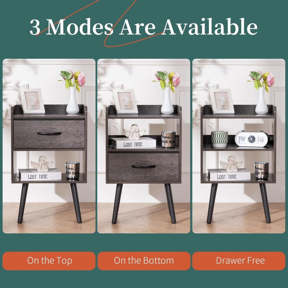 Yoobure Night Stand with Fabric Drawer, Modern Nightstand, Bedside Tables, Mid Century Nightstands with Open Storage Shelf, Wood Bedside Table, Small Night Stands for Bedrooms, 2-Tier Night Table