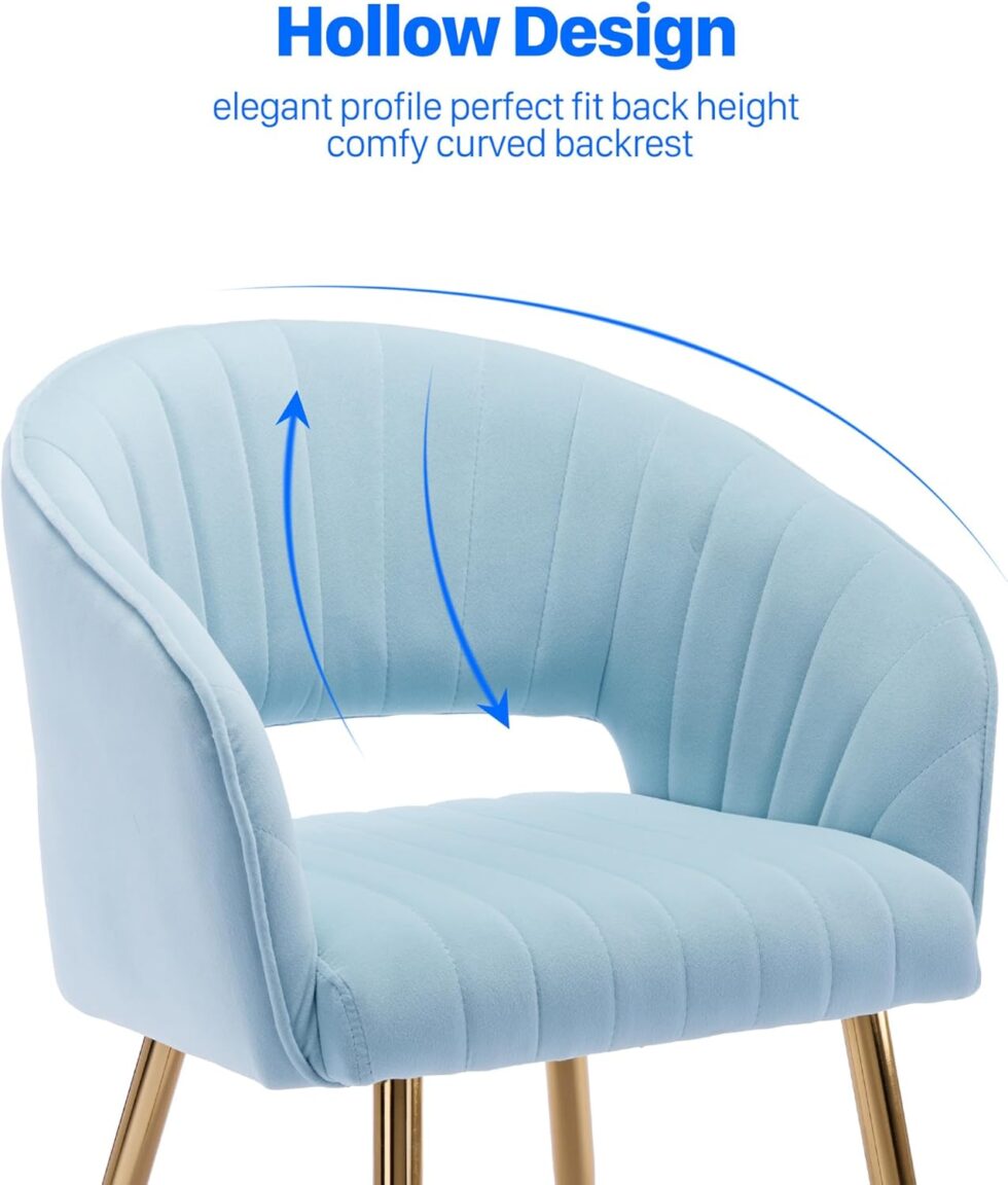 KCC Modern Velvet Desk Chair Accent Armchair Upholstered Tufted Chairs Dining Chairs, Tufted Vanity Chairs Side Chair with Gold Metal Legs for Dining Room Living Room Restaurant, 1 PC & Baby Blue