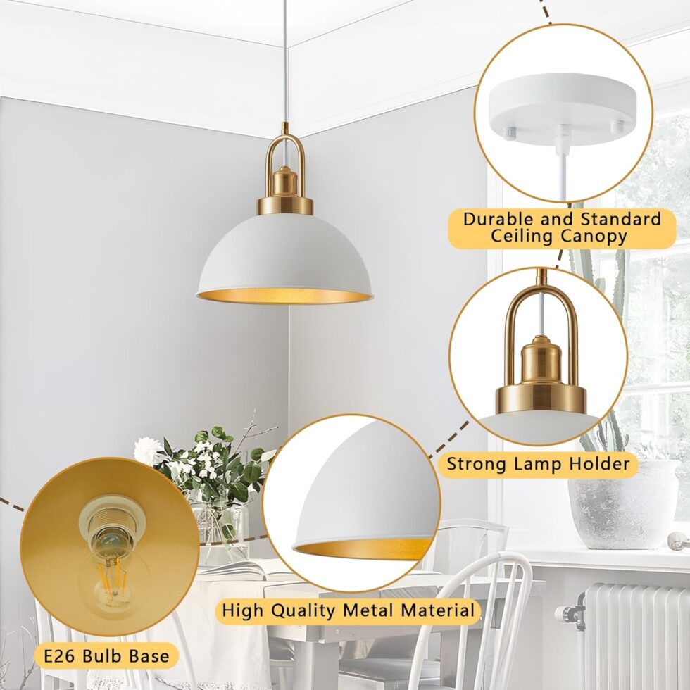 Farmhouse 11.81" White Pendant Light with Gold Finish, Industrial Metal Hanging Lighting Fixtures, Adjustable Height Dining Room Chandelier for Kitchen Island Hallway and Foyer 2 Pack
