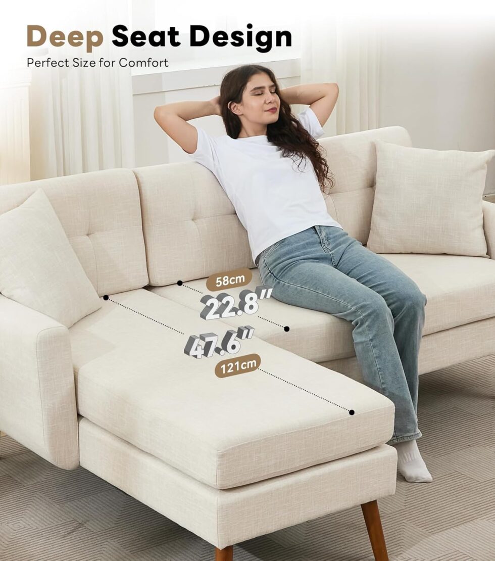 Tbfit L Shaped Couch Sofa, 80" W Mid-Century Modern Sectional Couches, 3 Seater Sofas with Wide Chaise Lounge & Two Pillows,Button Tufted Upholstered Sectional Sofa for Living Room, Bedroom, Beige