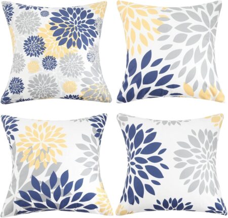18x18 Throw Pillow Cover Blue and Yellow Decorative Velvet Pillow Cover Set of 4 Grey Flower Pillowcase for Bedroom Sofa Cushion