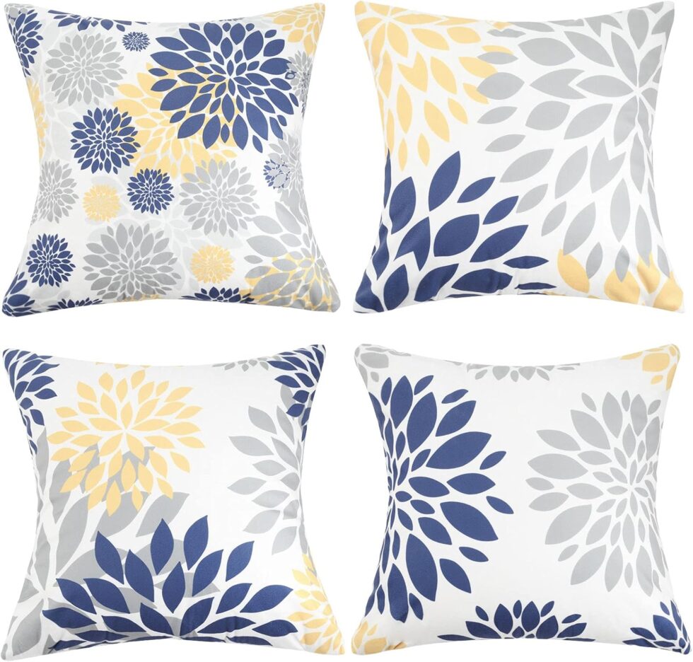 18x18 Throw Pillow Cover Blue and Yellow Decorative Velvet Pillow Cover Set of 4 Grey Flower Pillowcase for Bedroom Sofa Cushion