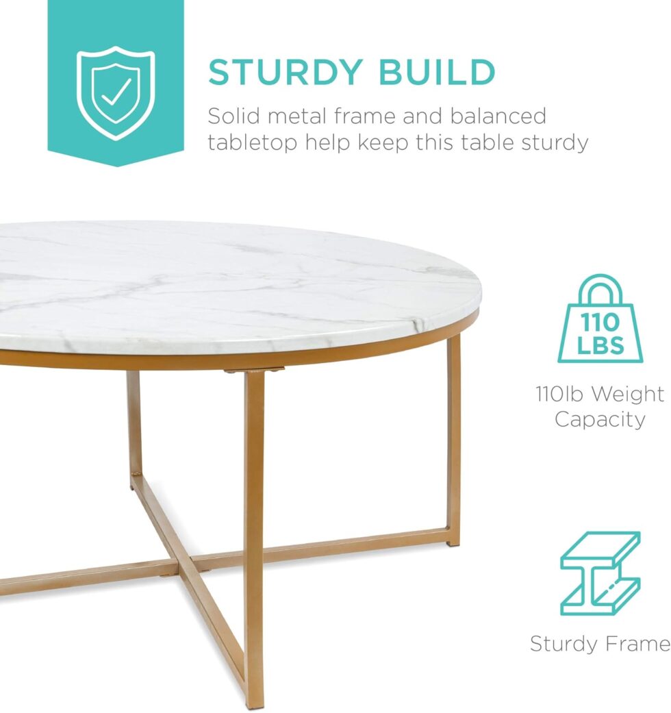 Best Choice Products 36in Faux Marble Accent Table, Modern End Table, Large Coffee Table Home Decor for Living Room, Dining Room, Tea, Coffee w/Metal Frame, Foot Caps, Designer - White/Gold