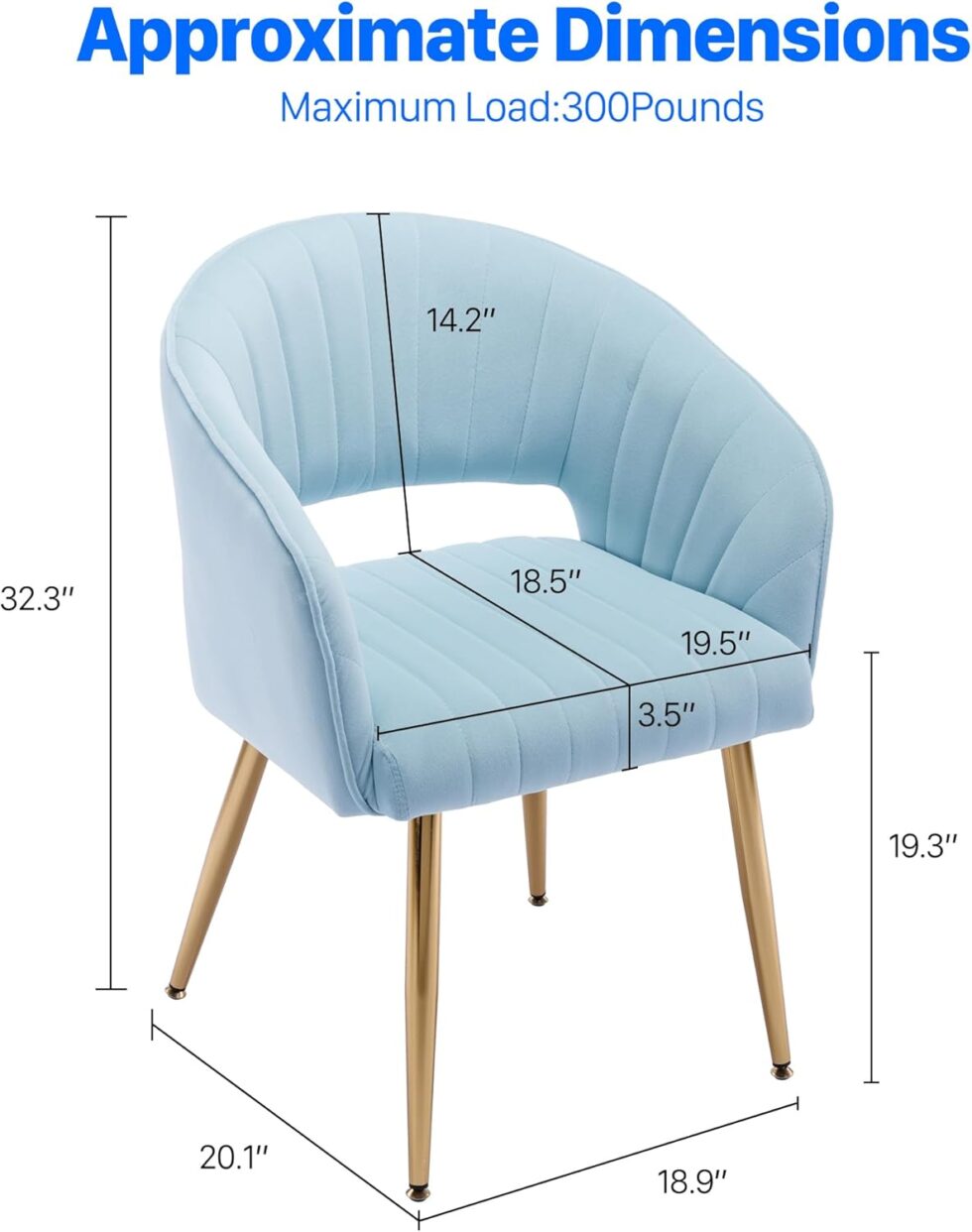 KCC Modern Velvet Desk Chair Accent Armchair Upholstered Tufted Chairs Dining Chairs, Tufted Vanity Chairs Side Chair with Gold Metal Legs for Dining Room Living Room Restaurant, 1 PC & Baby Blue