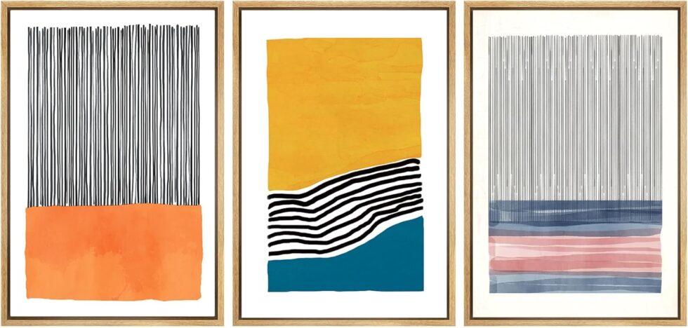 SIGNWIN Framed Wall Art Print Set Orange, Yellow, Blue & Pink Color Blocks and Lines Abstract Shapes Illustrations Modern Art Chic Relax/Calm Multicolor for Living Room, Bedroom, Office - 16"x24"x3