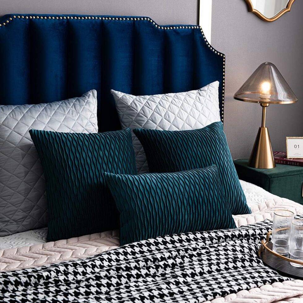DEZENE 12x20 Teal Throw Pillow Cases: 2 Pack Original Striped Velvet Rectangular Decorative Pillow Covers for Farmhouse Couch