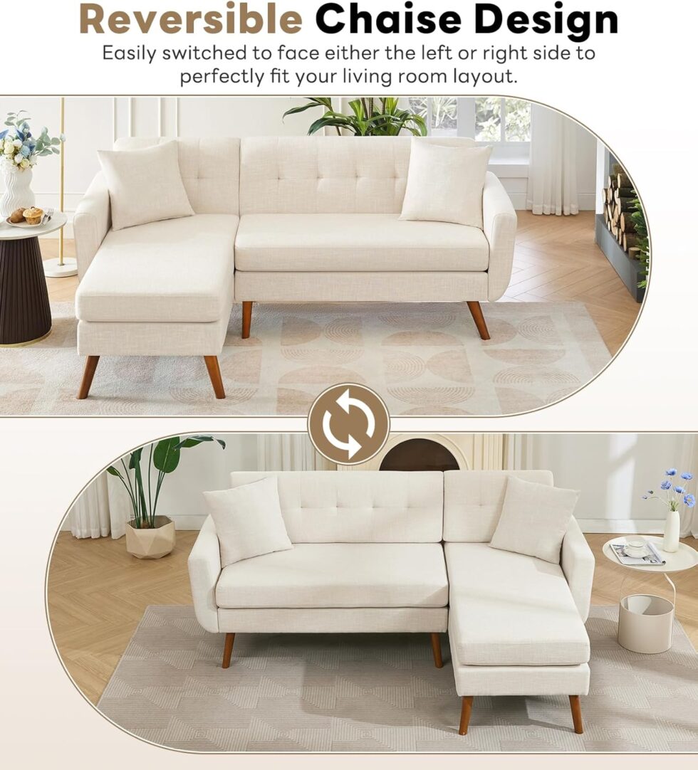 Tbfit L Shaped Couch Sofa, 80" W Mid-Century Modern Sectional Couches, 3 Seater Sofas with Wide Chaise Lounge & Two Pillows,Button Tufted Upholstered Sectional Sofa for Living Room, Bedroom, Beige