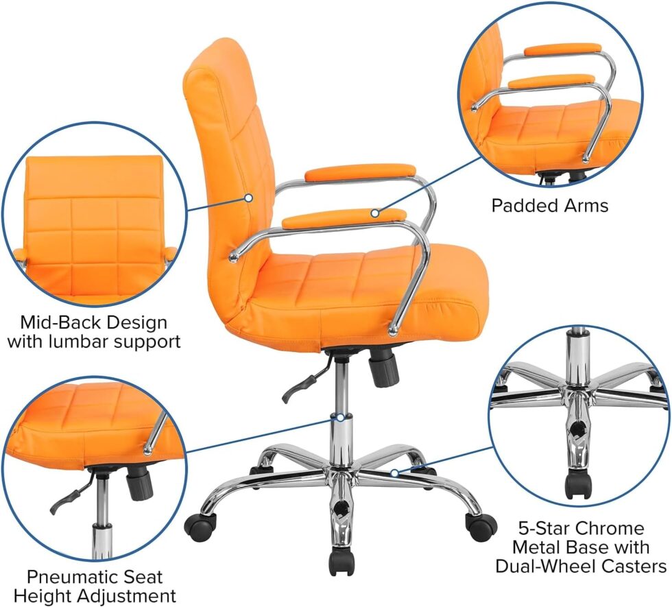 Flash Furniture Vivian Mid-Back Orange Vinyl Executive Swivel Office Chair with Chrome Base and Arms