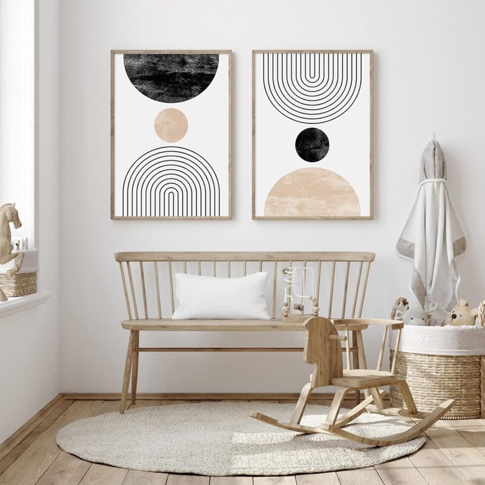 Mid Century Modern Wall Art Prints Set of 2, Neutral Abstract Geometric Wall Art Boho Canvas Prints Mid Century Eoind Wall Decor Modern Abstract Pictures Artwork for Home Room 12x16 Inch Unframed