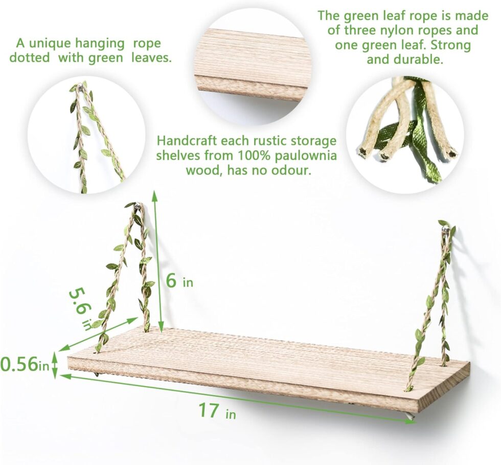 MITIME Leaf Rope Hanging Floating Shelves, Wall Swing Storage Shelf for Home Decor.17, 2-Pack (Light Color)