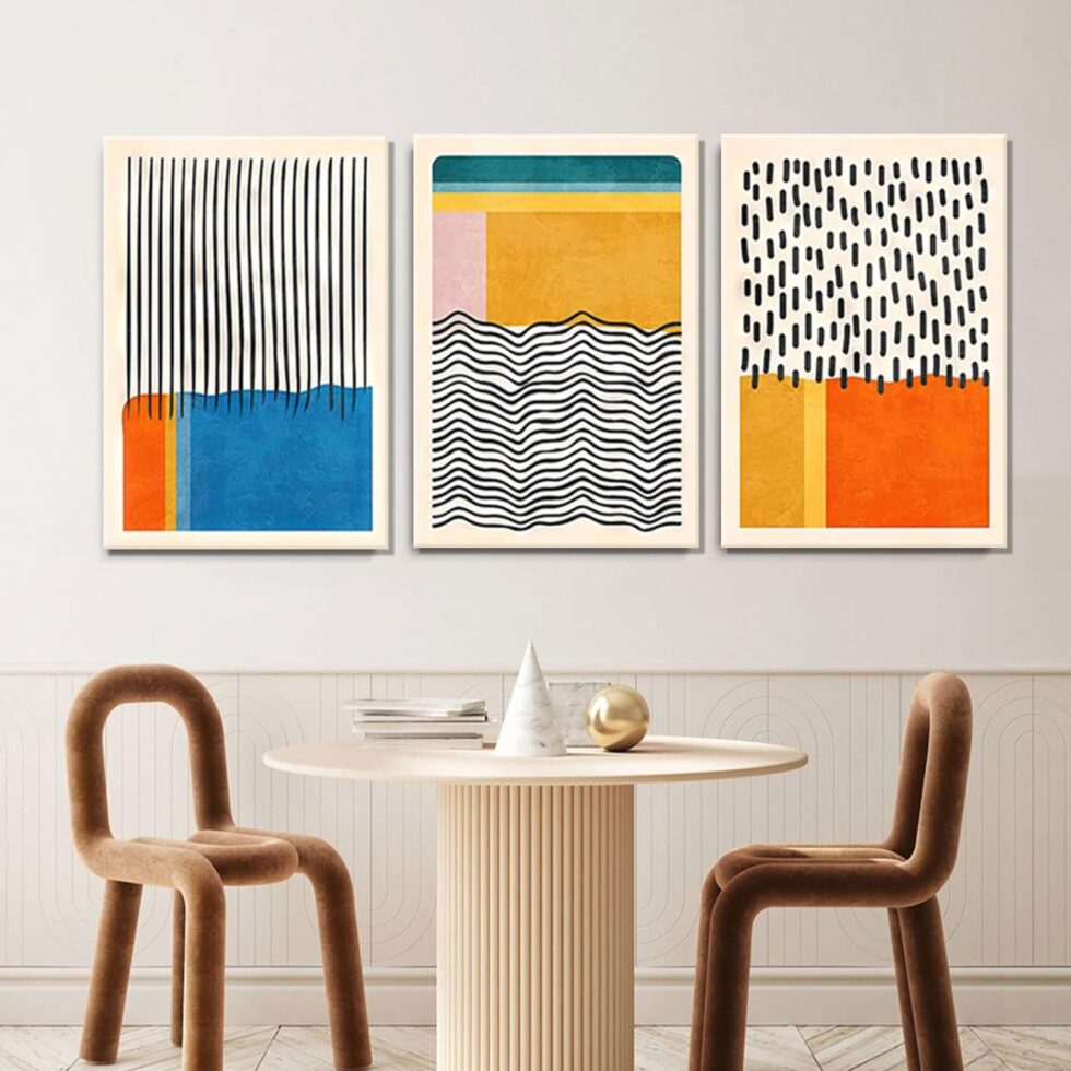 AKWISH Midcentury Modern Framed Wall Art for Living Room Set of 3 Mid Century Modern Abstract Canvas Painting Print Boho Color Blocks Home Decor Colorful Minimalist Pictures for Bedroom 12"x16"x3
