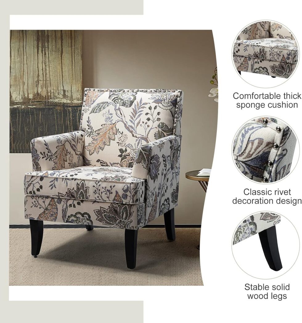 HULALA Home Modern Accent Chair with Arms and Wooden Legs, Floral Patterned Accent Chair Armchair High Back Rest, Padded Armrest and Comfortable Cushioned Seat for Living Room (Orange Grey Floral)