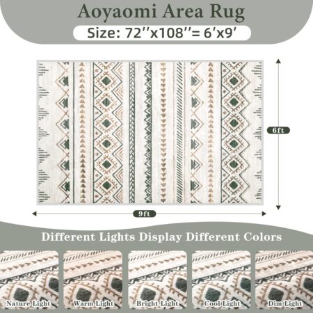 Area Rug for Living Room 6x9: Large Washable Boho Moroccan Rugs Geometric Neutral Rug, Non-Slip Foldable Morden Farmhouse Indoor Floor Carpet for Bedroom Dining Table Home(Brown Green,6'x9')