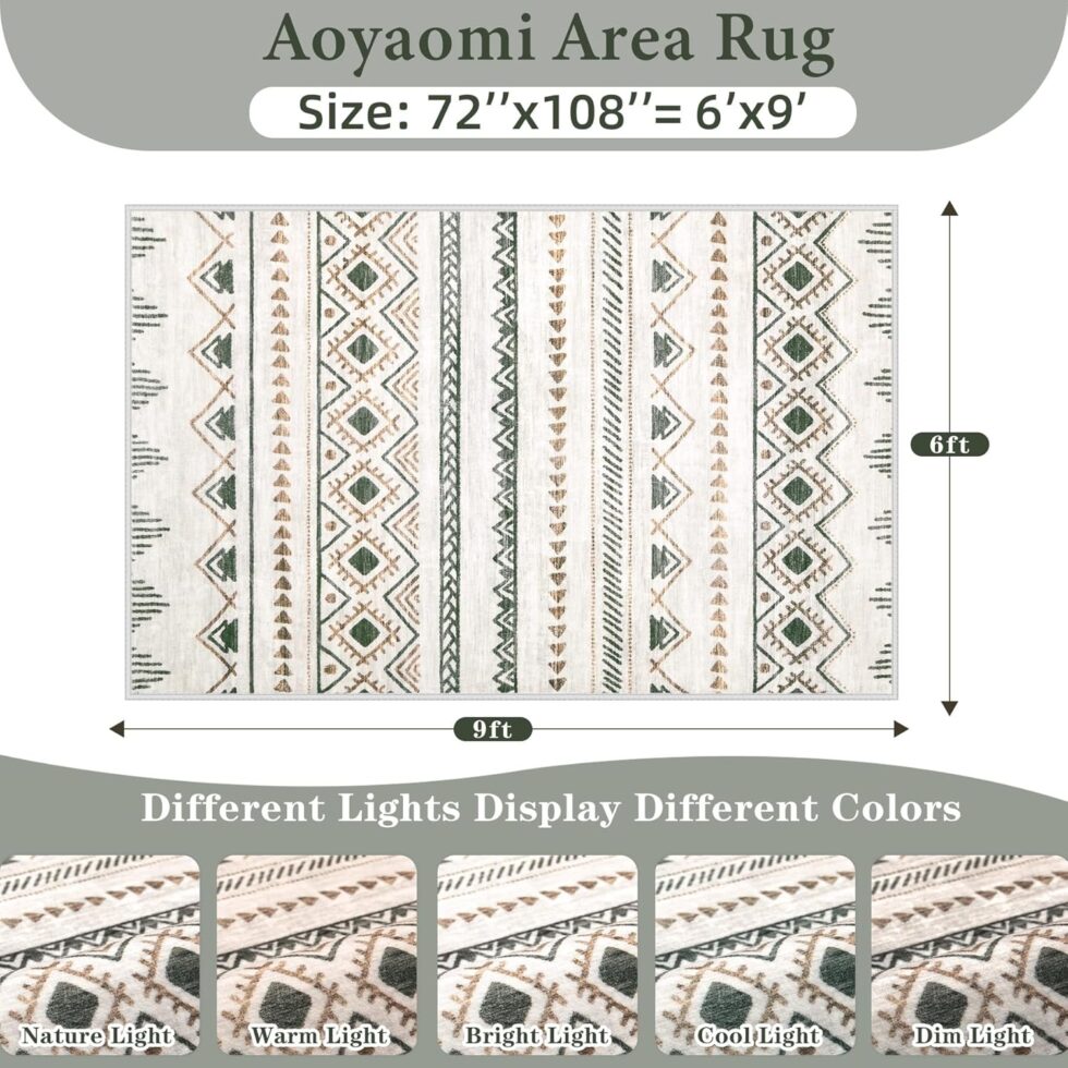 Area Rug for Living Room 6x9: Large Washable Boho Moroccan Rugs Geometric Neutral Rug, Non-Slip Foldable Morden Farmhouse Indoor Floor Carpet for Bedroom Dining Table Home(Brown Green,6'x9')