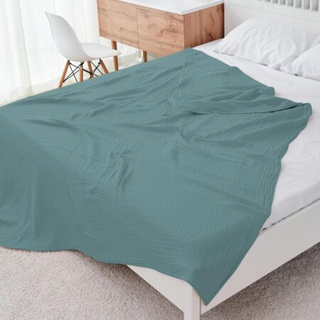 Cosy Family 4 Layer Muslin Bed Blanket - Breathable and Lightweight Gauze Boho Blanket for Spring, Soft 100% Cotton Muslin Blanket, Green, 55x80 Inches